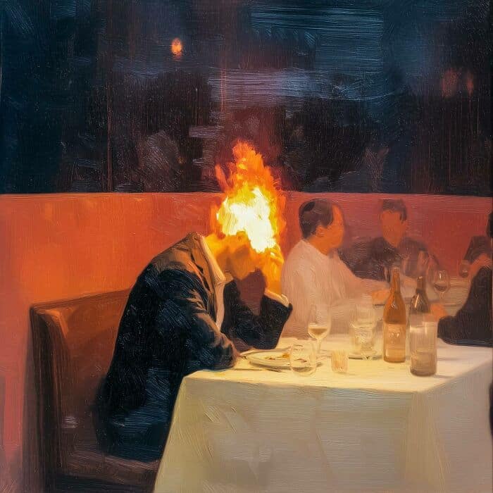 A surreal digital art piece showing a man with a fiery head sitting at a dinner table with other gue.