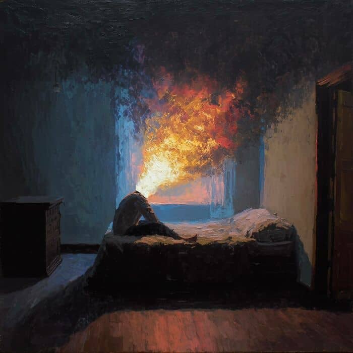 Digital painting of a person sitting on a bed with a fire burning outside the window.
