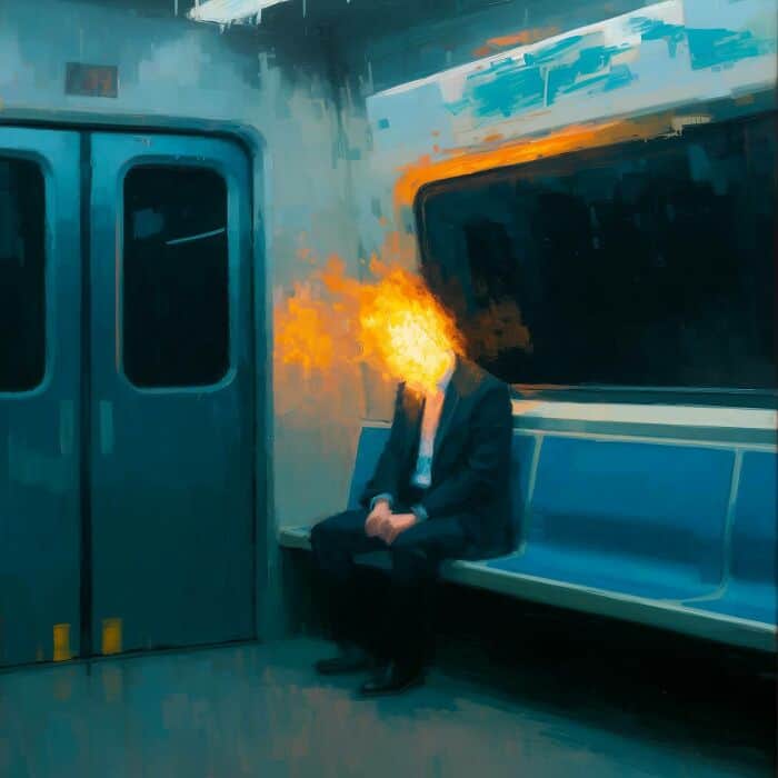 A surreal digital artwork depicting a person with a fiery explosion where their head should be, symb.