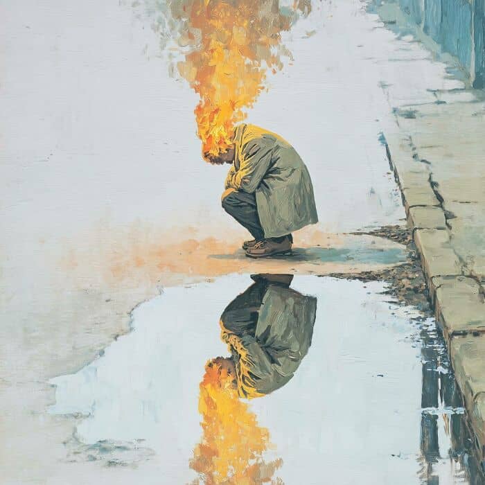 Surreal digital art depicting a person with a fiery head reflected in a puddle.