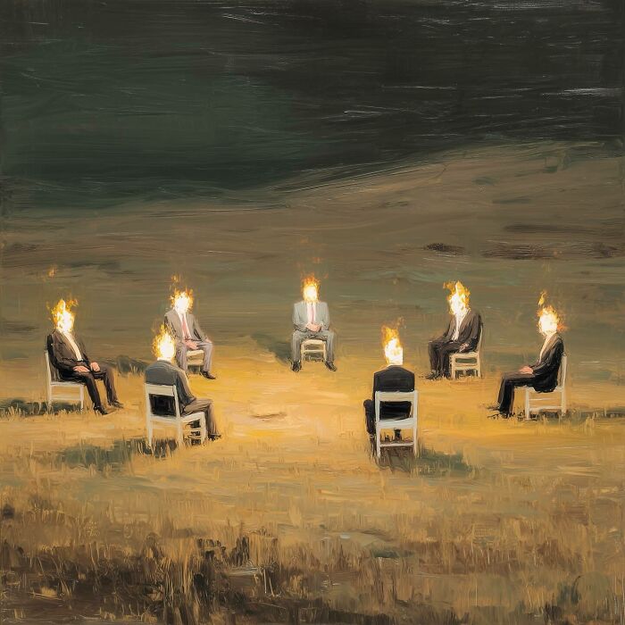 Surreal digital art depicting figures with burning heads seated in a circle in a desolate landscape.