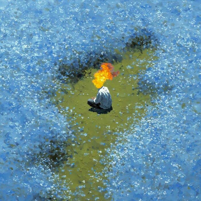 Surreal digital art of a person with a fiery head sitting on a green patch amidst blue abstract back.