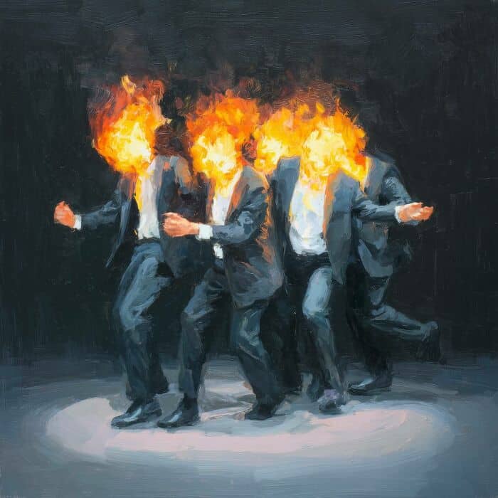 Surreal digital art of businessmen with fire heads dancing in suits, symbolizing intense emotion and.