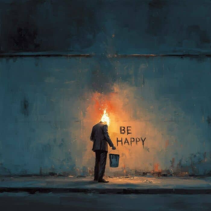 Artistic digital art of a man with a fire head painting "Be Happy" on a wall.