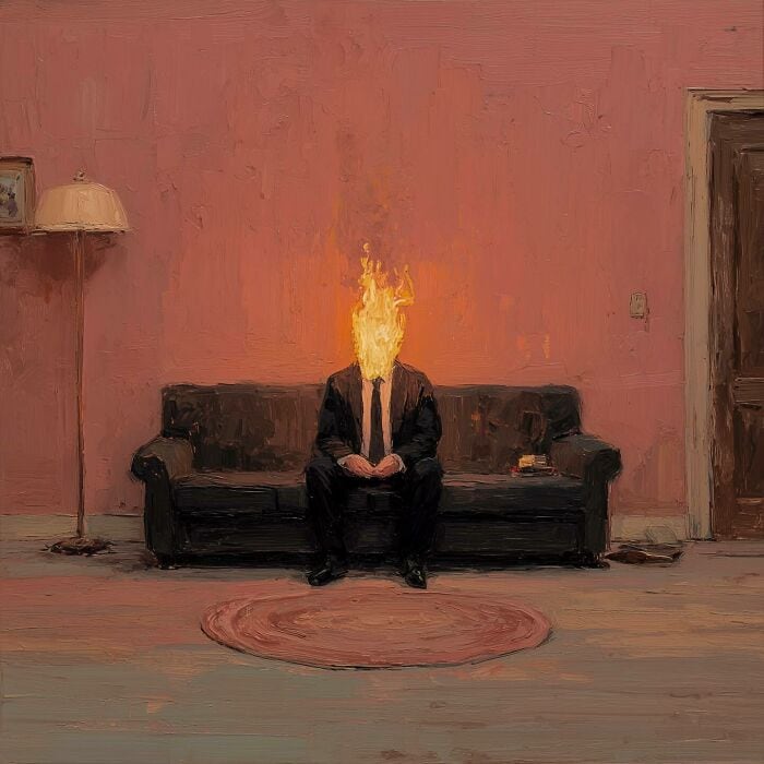 Surreal digital art of a man with a flaming head sitting on a sofa in a pink room.
