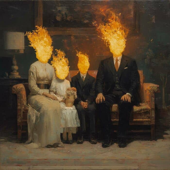 Surreal family portrait with flaming heads, capturing intense emotion and human vulnerability.