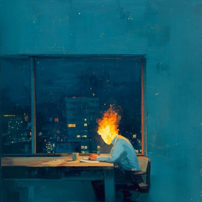 Digital art of a person with a fiery head working at a desk in a cityscape.