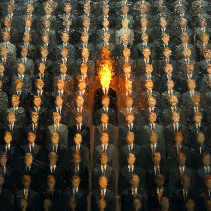 The ALT tag: Abstract digital art depicting a crowd of faceless figures with a fiery central figure.