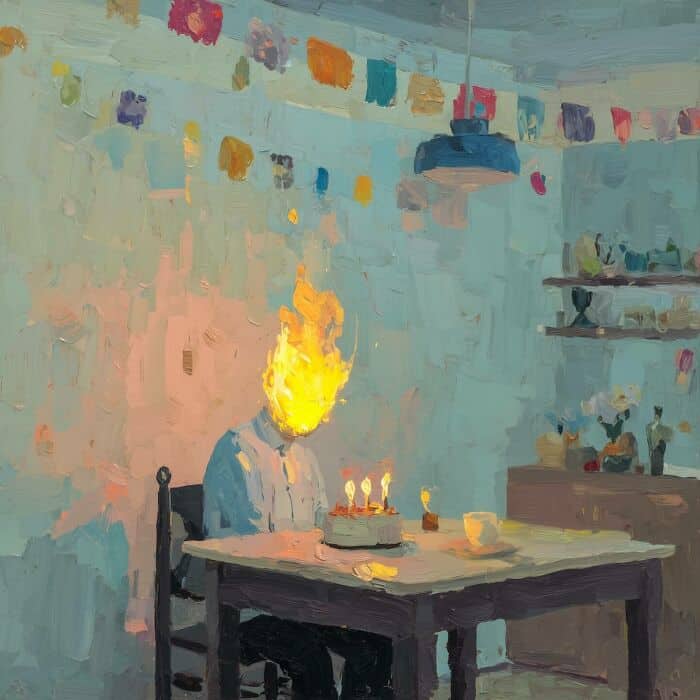 Person with flaming head celebrating birthday with cake in a cozy kitchen.