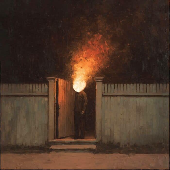 Artistic depiction of a person with a fiery head standing at a gate, symbolizing intense human emoti.
