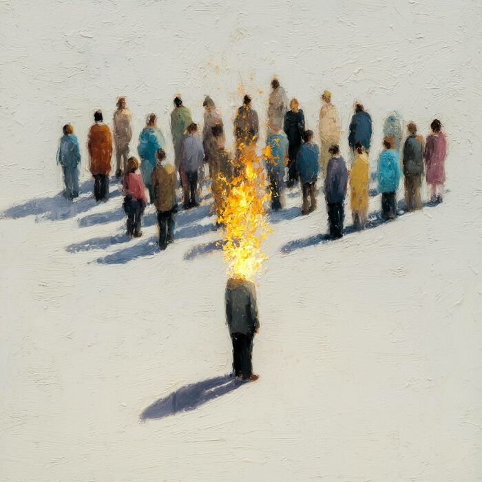 Digital art depicting a person with a fiery head facing a crowd of diverse individuals.