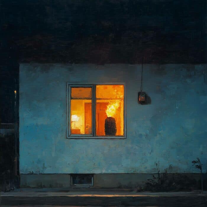 Fire inside a house seen through a window, creating a dramatic and intense scene.