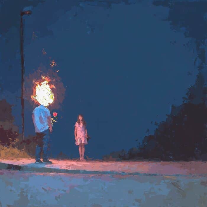 A person holding a lit torch and a flower faces a girl under a dark sky.