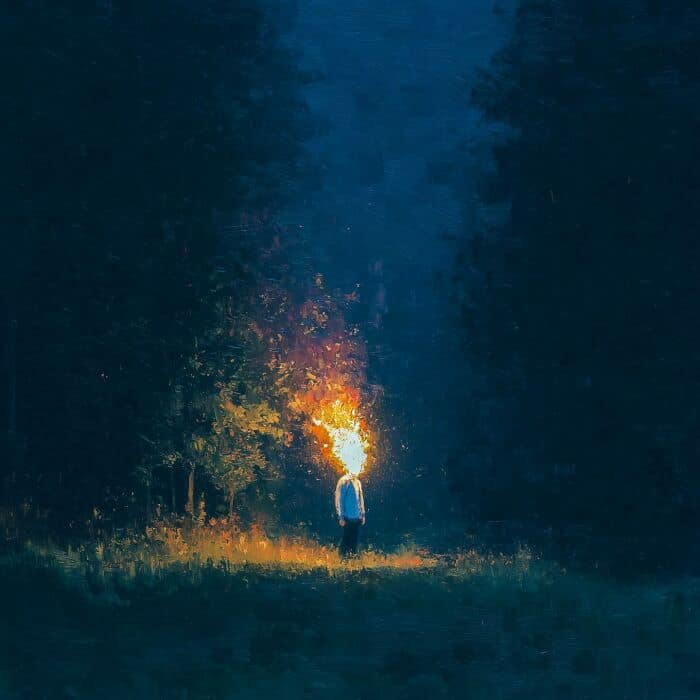 Surreal digital art of a person with a fiery head in a dark forest scene.