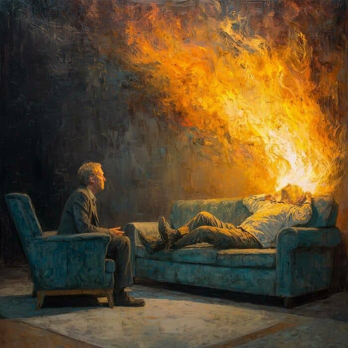 Intense fire engulfing a person on a sofa, symbolizing raw human emotion.
