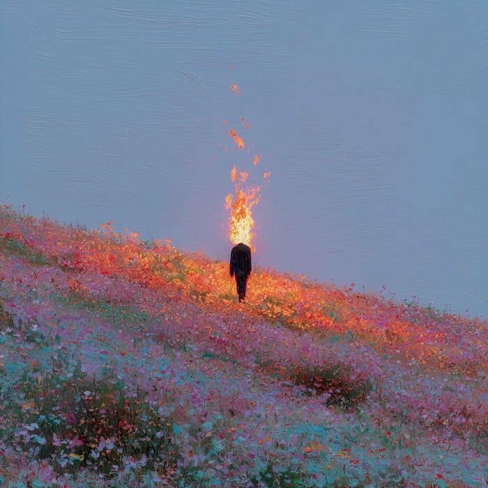 Person standing on a hill with a fire torch, colorful landscape background.