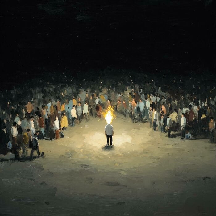 The ALT tag: Digital art depicting a person with a fiery head surrounded by a crowd at night.