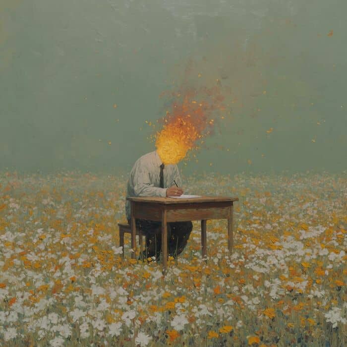 Digital art of a man with a fiery head sitting at a desk in a flower field.