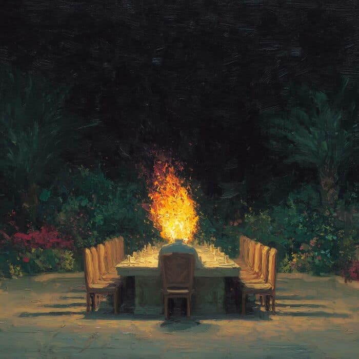 A long dining table illuminated by a central fire, surrounded by lush greenery at night.