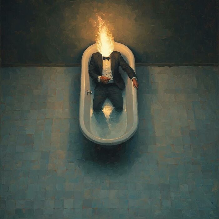 Man in suit with fire head lying in a bathtub, surreal digital art piece.