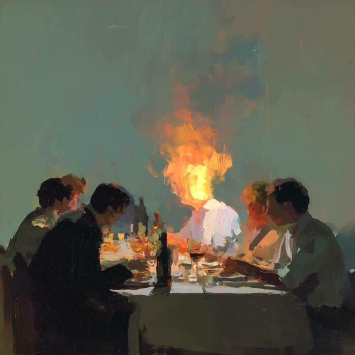 Fire at the dinner table with people reacting emotionally.