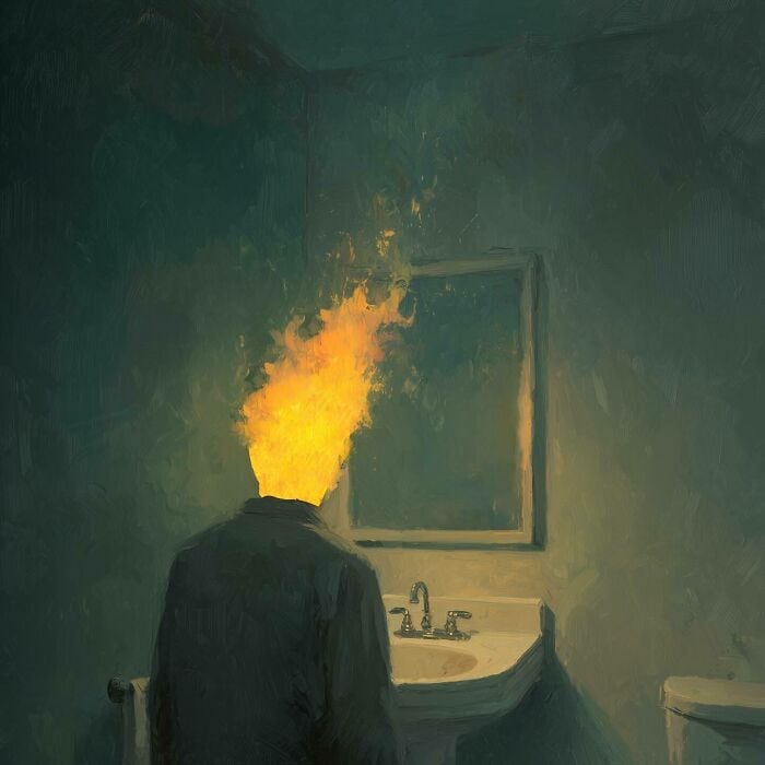 Man with a head on fire in a dimly lit bathroom scene.