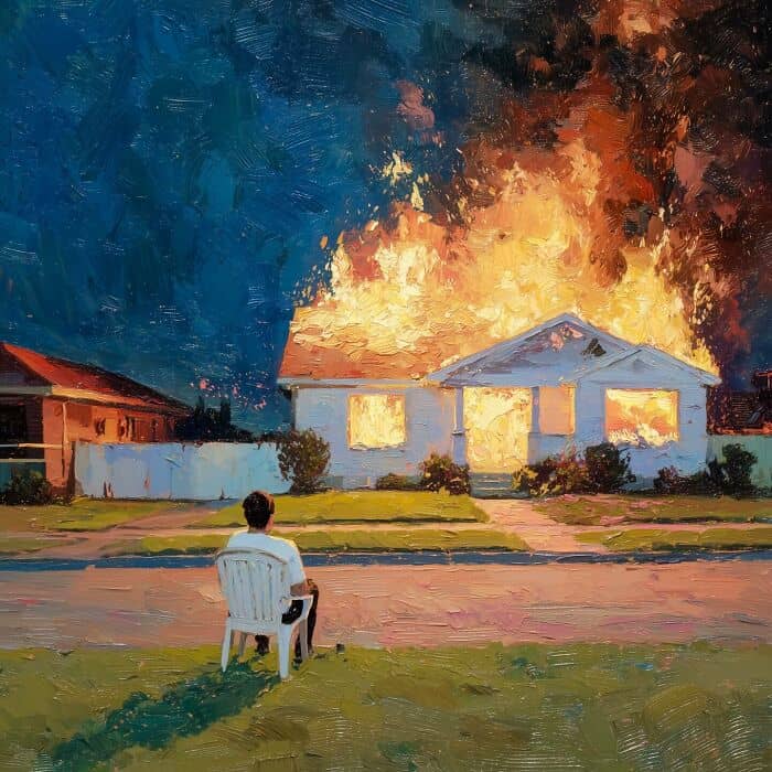 Firehouse engulfed in flames with a person sitting on a chair watching the blaze.