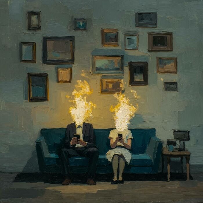 Surreal digital art of two people with flames for heads sitting on a sofa, capturing human emotion a.