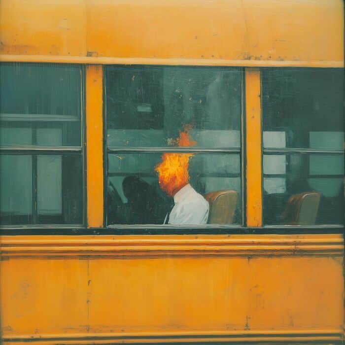 Student sitting on a school bus with a fiery head, creating a surreal and thought-provoking scene.