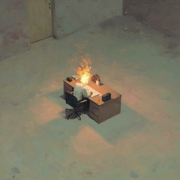 Digital art of a person with a fiery head working at a desk in an empty room.