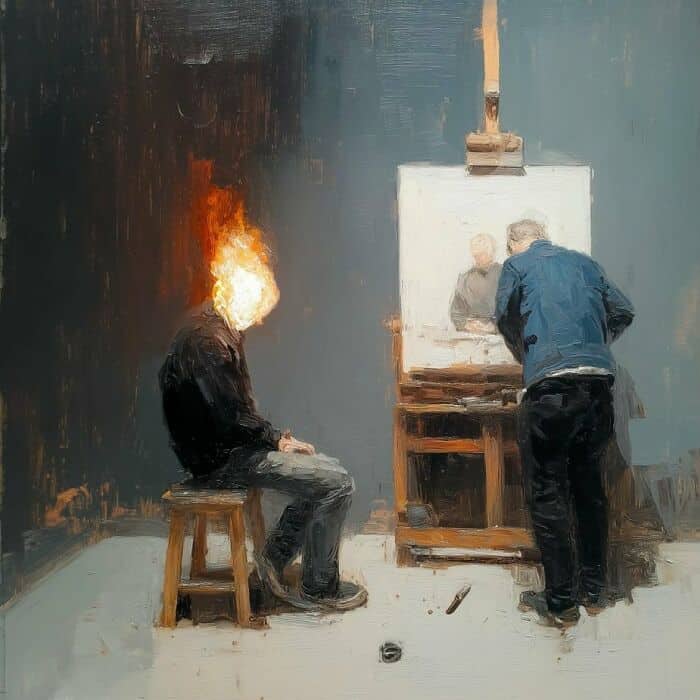 Surreal digital art depicting a person with a fiery head painting in a studio.