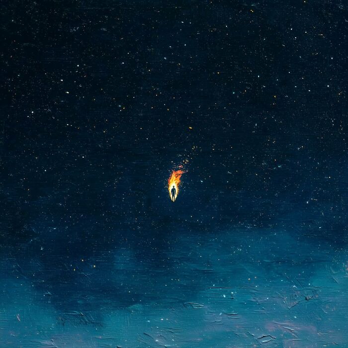 Rocket in space with fiery exhaust against a star-filled background.