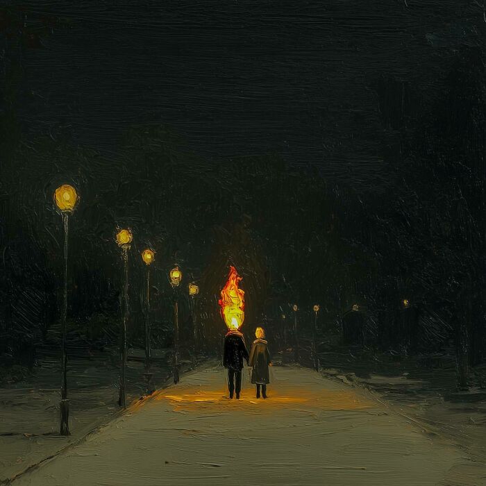 Night scene of two people walking along a path illuminated by streetlights and a fiery lantern, evok.