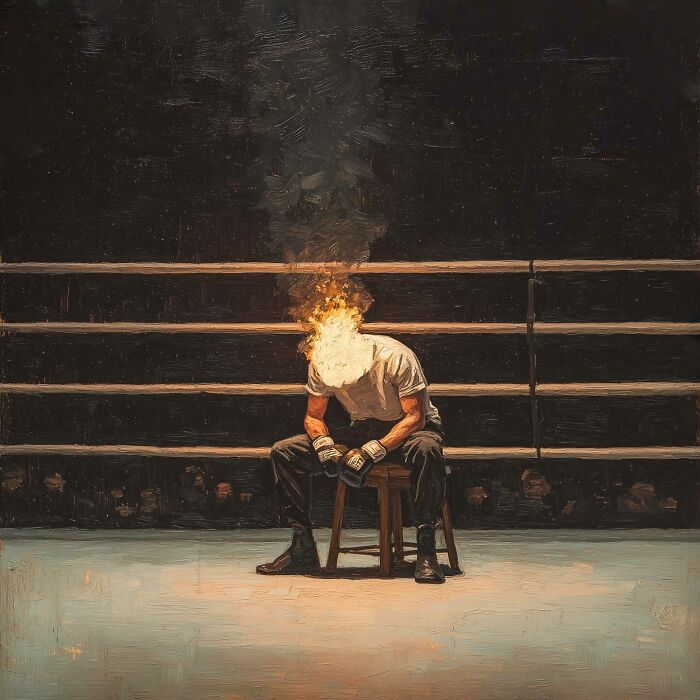 Artistic digital art of a boxer with a fiery head sitting in a boxing ring.