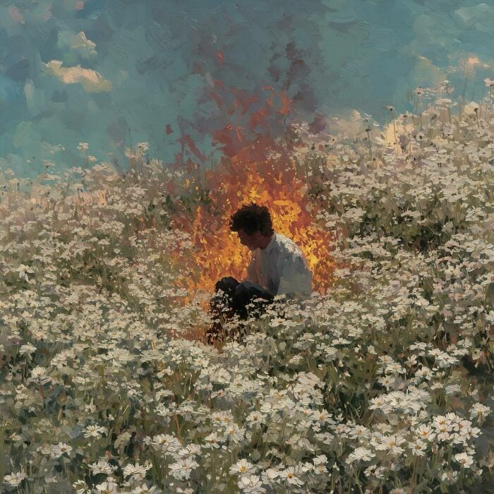 Sunset scene with a person sitting in a field of daisies, backlit by a vibrant orange sunset, creati.