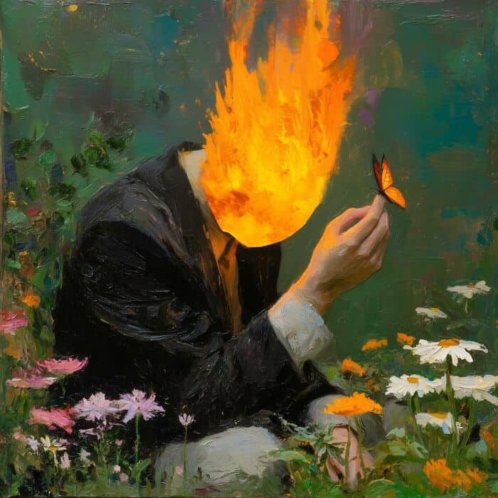 Surreal digital art of a person with a fiery head holding a butterfly in a vibrant garden.