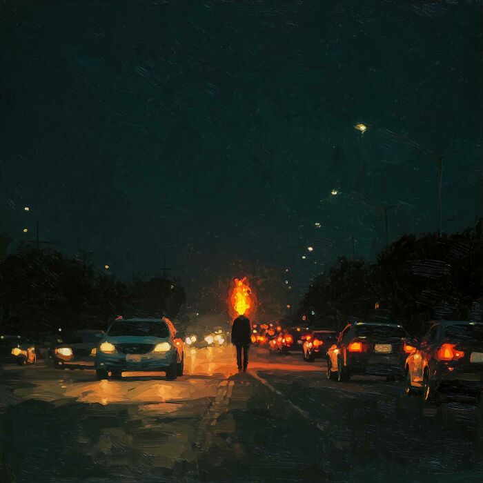 Person walking on a city street at night with cars and a fiery explosion in the background.