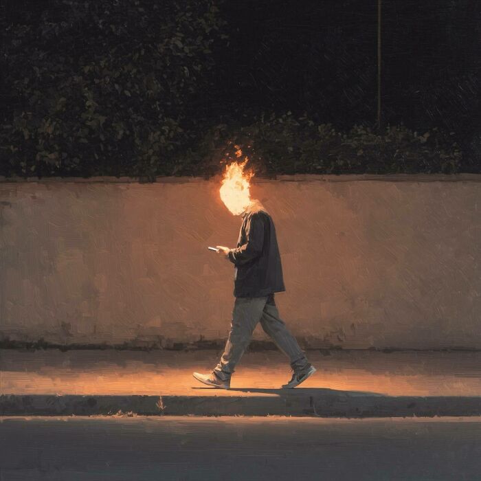 Man walking at night with a fire burning on his head, urban street scene.