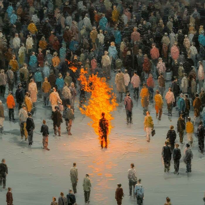 Digital art of a large crowd surrounding a person on fire in the center.