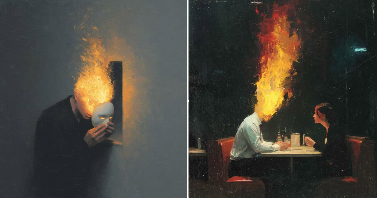 Fire and Mask digital art piece illustrating raw human emotion and inner conflict.