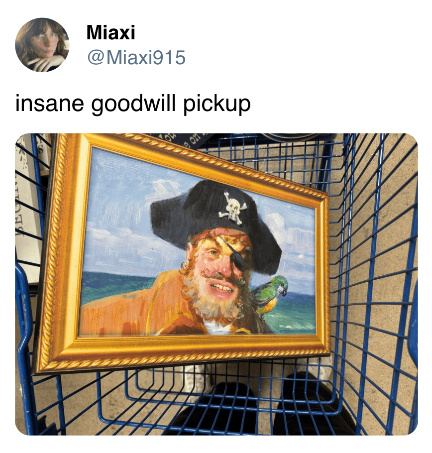 Pirate portrait in gold frame with pirate hat and parrot, displayed on a shopping cart at thrift sto.