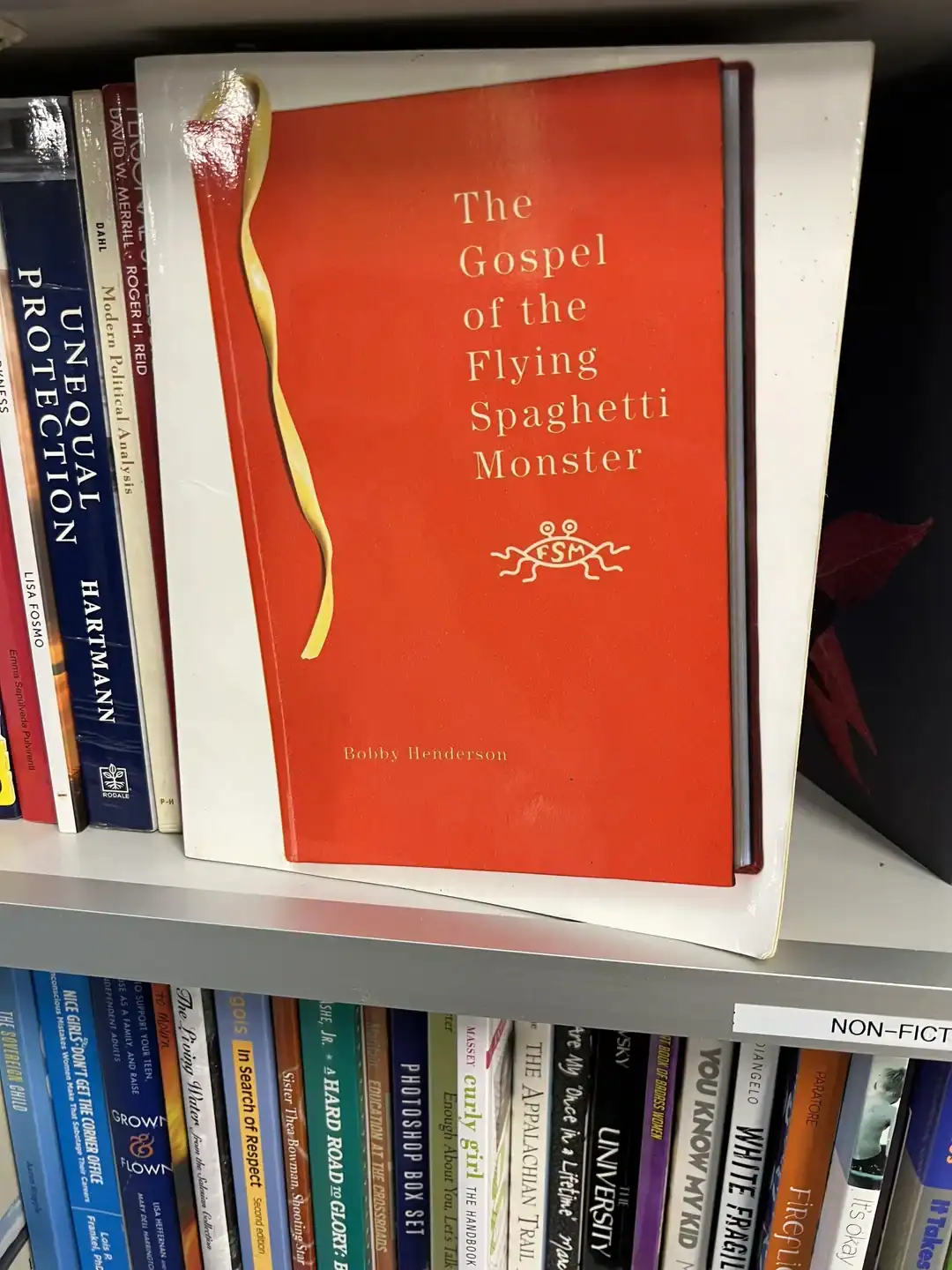 Book titled "The Gospel of the Flying Spaghetti Monster" on a library shelf.