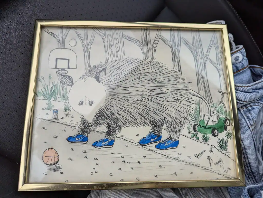 Playful illustration of a hedgehog with sneakers in a backyard setting.