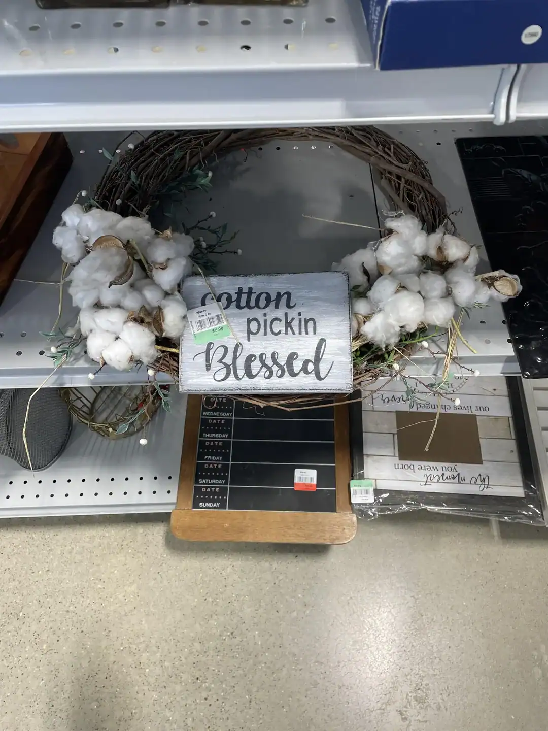Cotton wreath with cotton bolls and a "Blessed" sign, perfect for rustic or farmhouse decor.