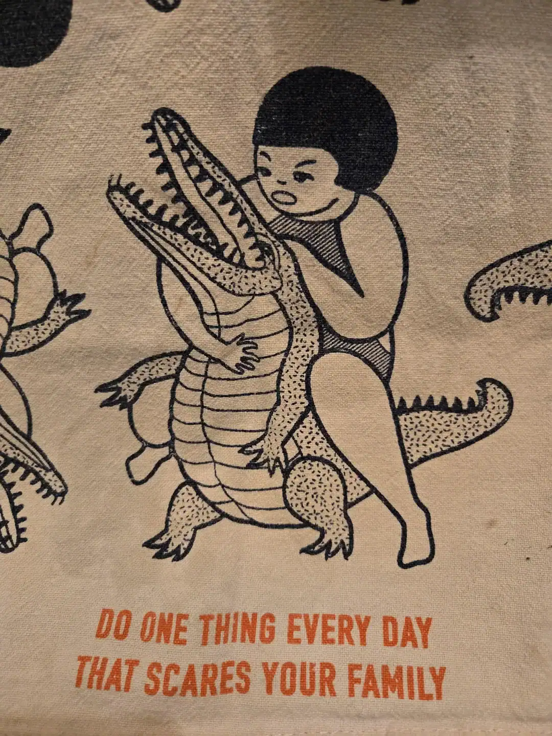 Child riding a crocodile illustration with humorous text.