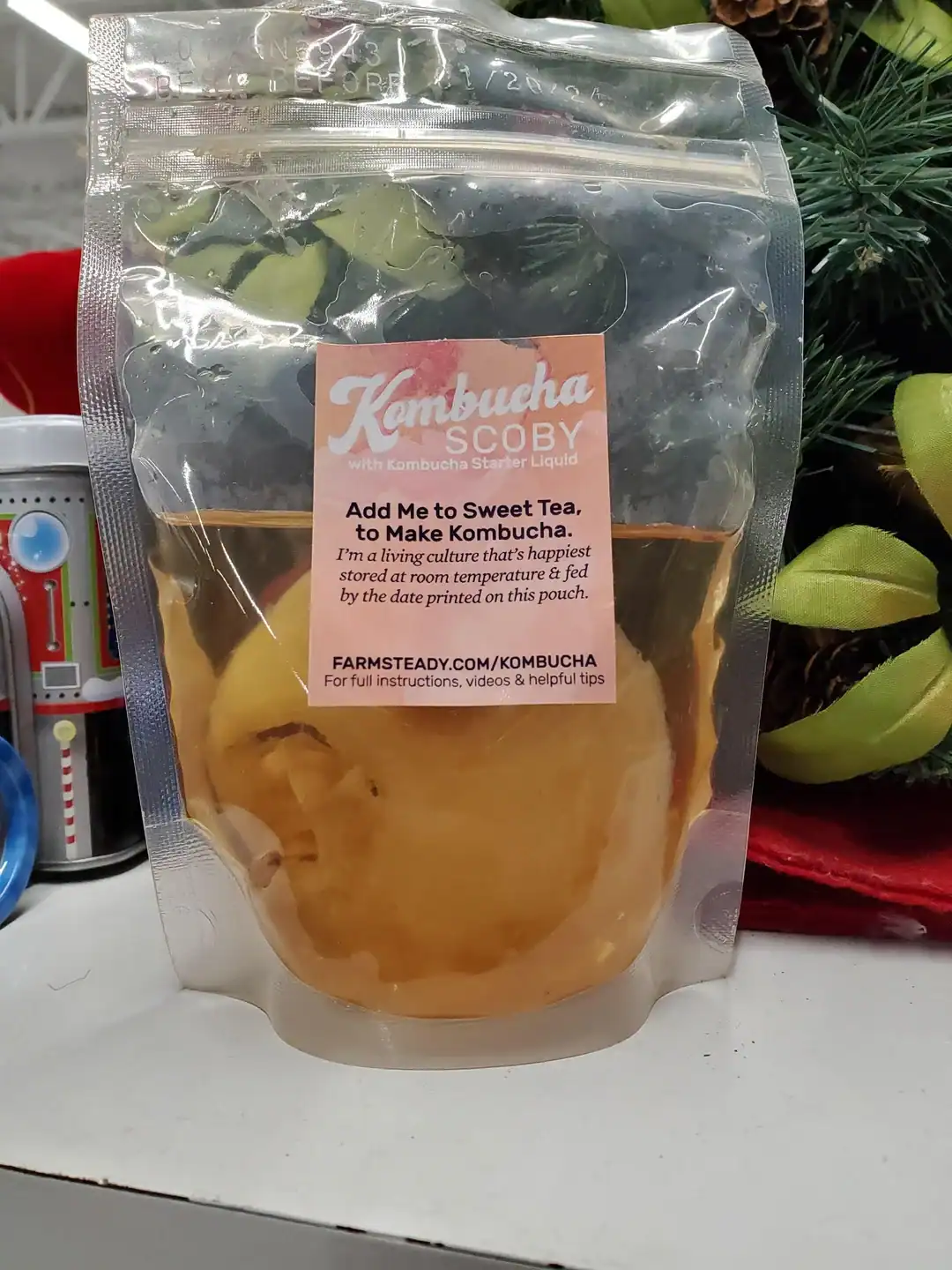 Kombucha SCOBY in a clear plastic pouch, ready for making kombucha tea at home. Perfect for DIY ferm.