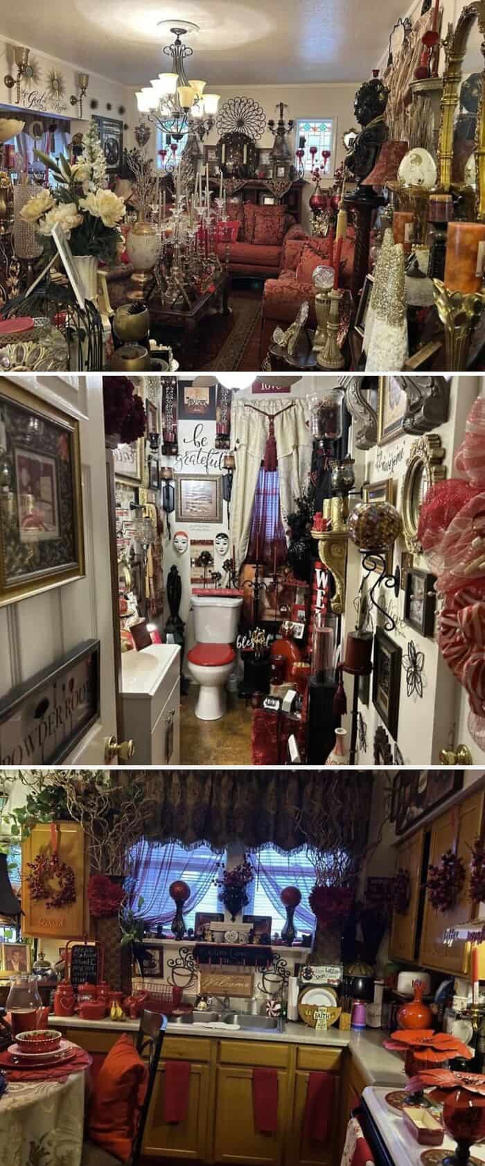 Vintage home decor and furniture displayed in a cozy, eclectic room filled with antique items, flora.