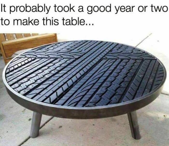 Round table with tire tread pattern surface, unique and creative furniture piece.