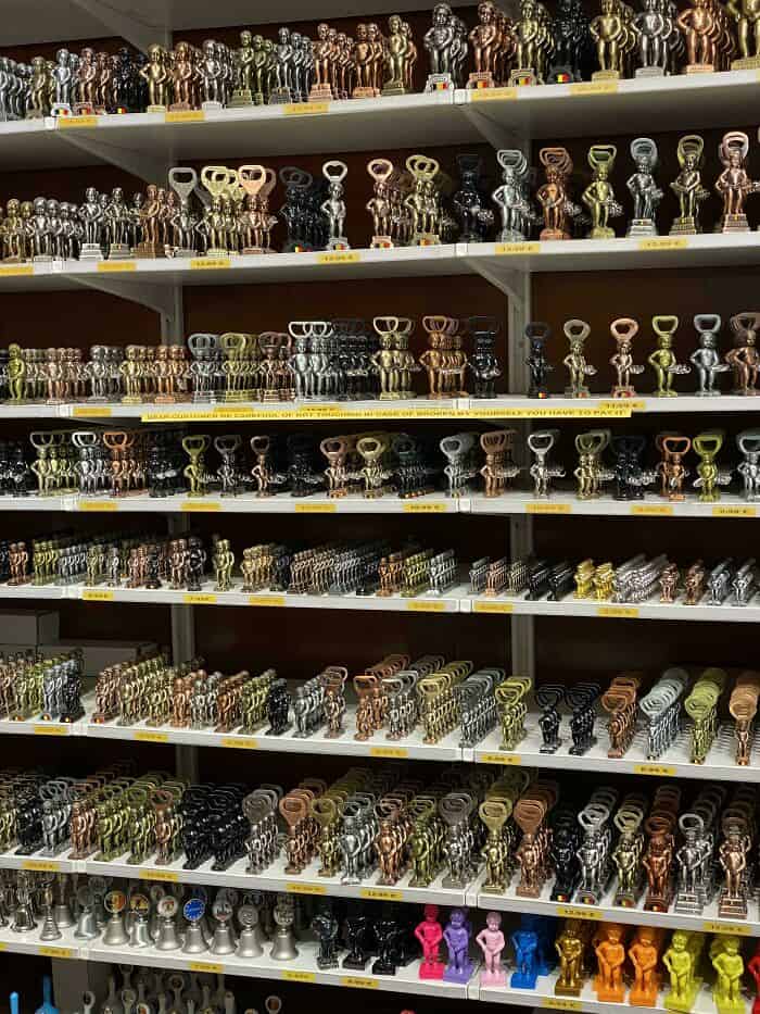 Door handles and knobs collection on store shelves, showcasing various styles and finishes.