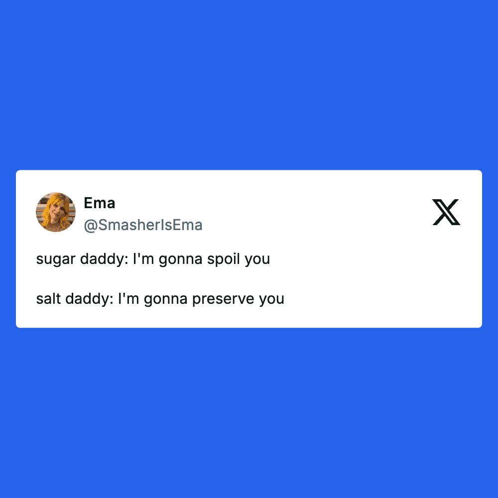 Humorous meme featuring a tweet about "sugar daddy" and "salt daddy" with playful text.